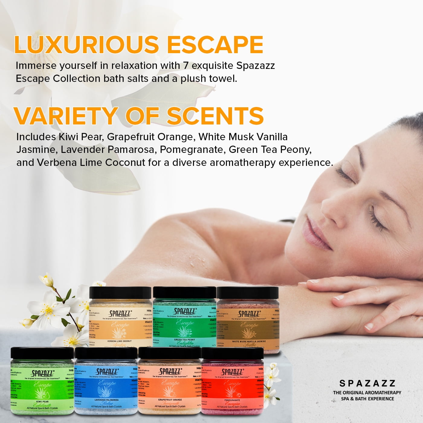Hot Tub & Spa Bath Salt Aromatherapy Crystals - Spazazz Escape Collection 4 Oz 7-Pack Sampler & Hot Cold Towel