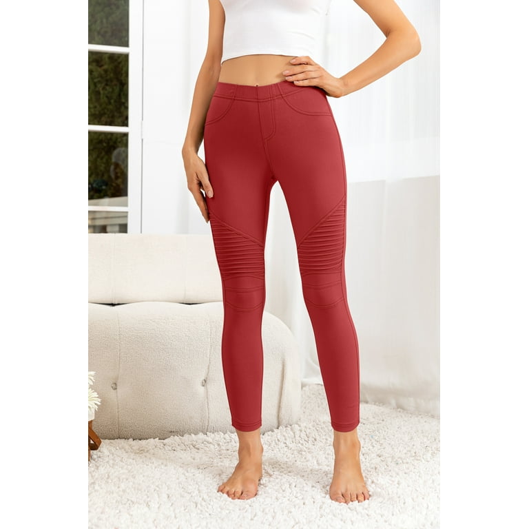 CALIPESSA Womens Red Crease Detail Skinny Leggings Elastic Waist Casual Solid Pencil Pants