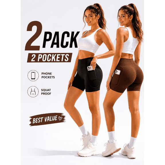 Women's 2 Pack Biker Shorts with 2 Pockets, High Waisted Butt Lift Yoga Workout RunningGym Shorts,Black,Brown