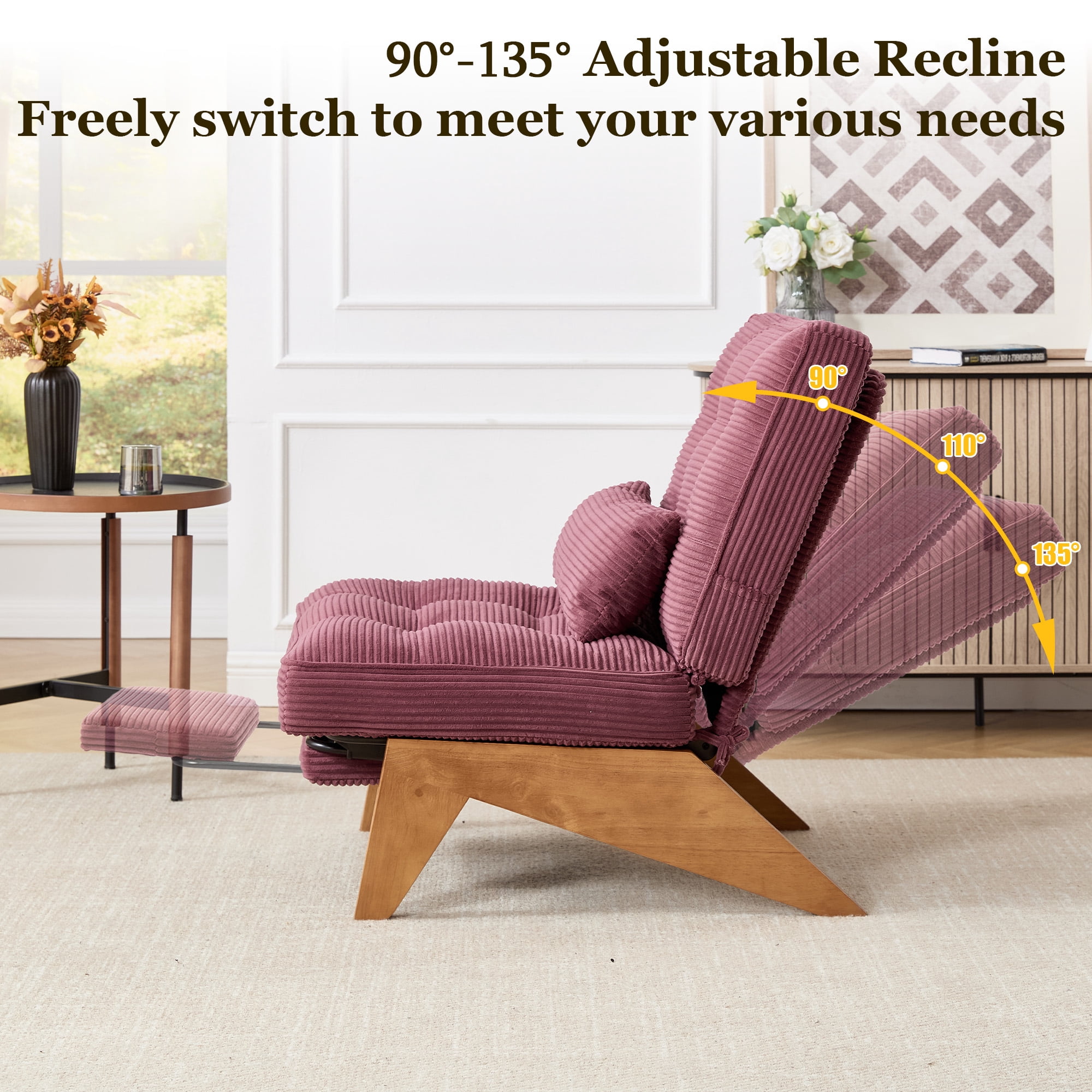 MOONMISS Modern Adjustable Lounge Chair with Footrest,Wooden Base Upholstered Recliner for Reading Rest Corduroy