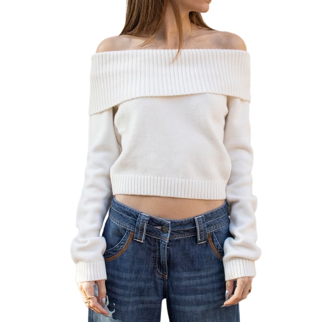 Gupgi Womens Off Shoulder Sweater Solid Long Sleeve Fold Over Crop Knit Tops Casual Fall Sweater