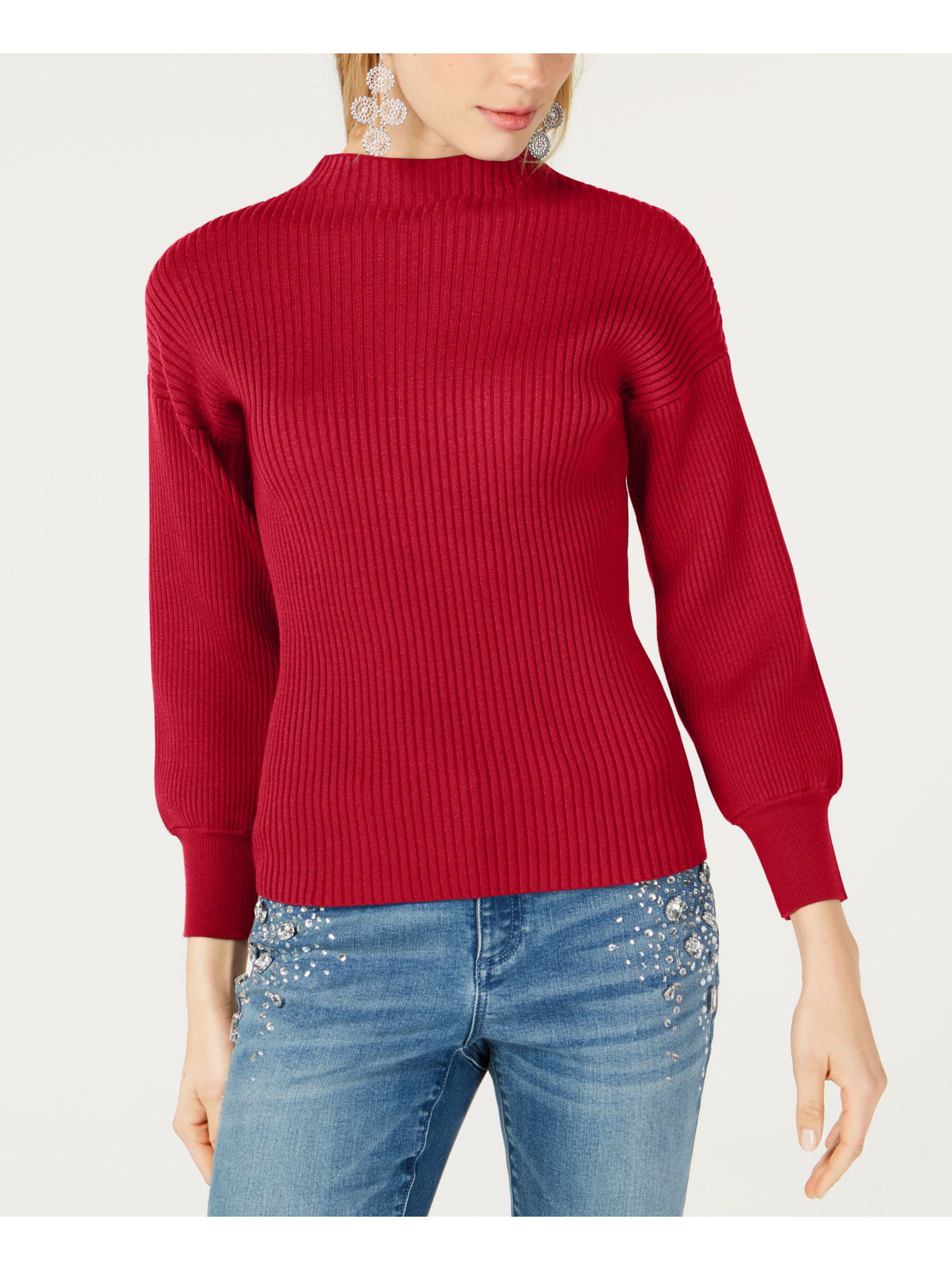 INC - INC Womens Red Volume Sleeve Ribbed Long Sleeve Crew Neck Sweater