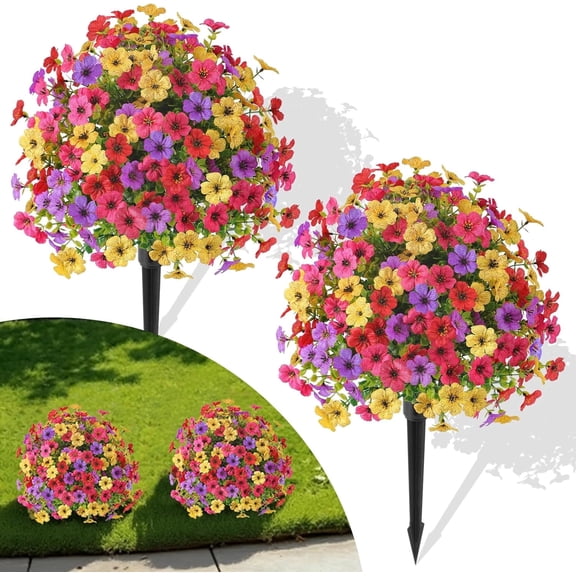 Artificial Topiary Ball Flowers – UV Resistant Faux Plants with Ground Spikes, Mixed Colors Spring Decor for Garden, Porch, Patio, and Indoor Planters (2-Pack)