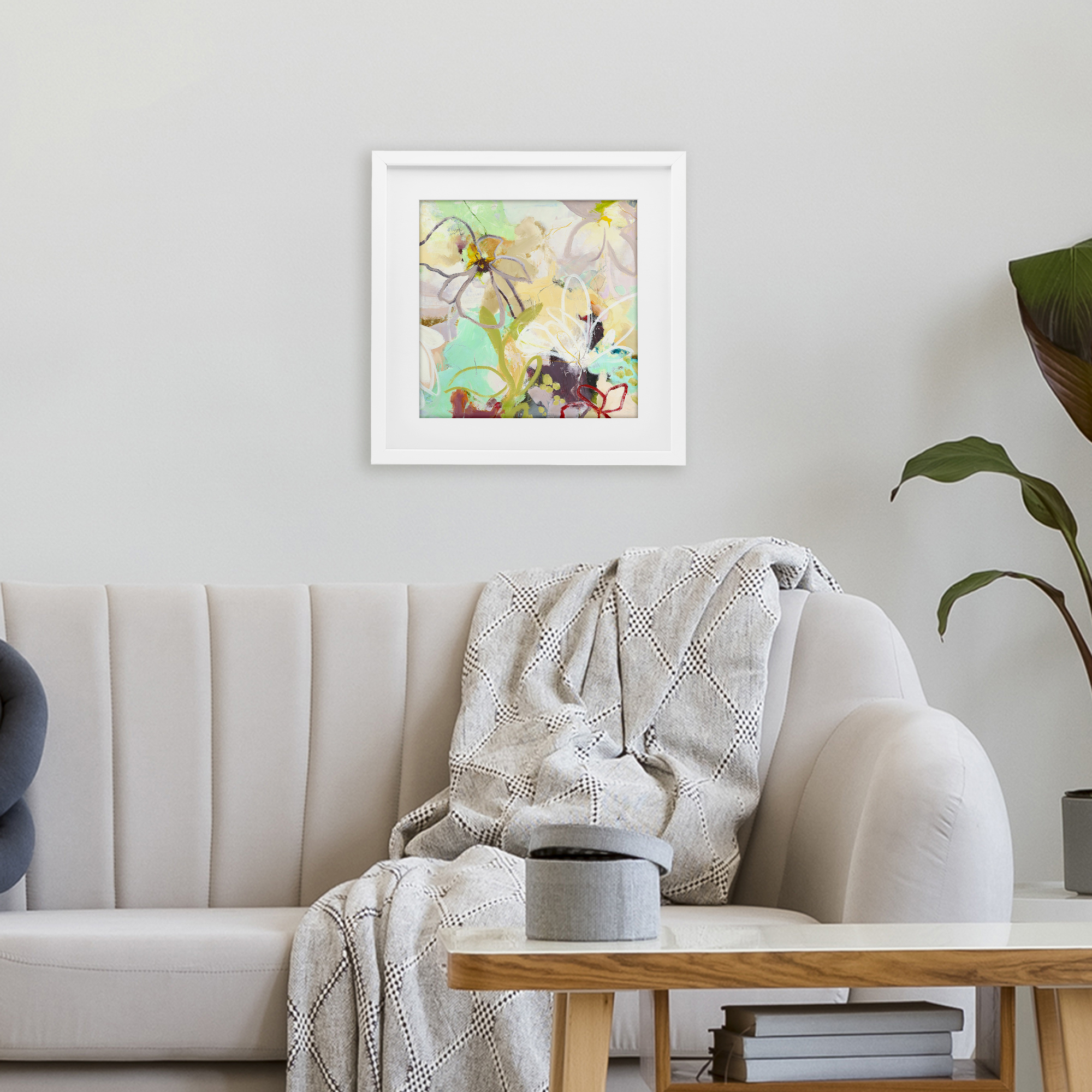 Last Days Of Spring Abstract White Framed Print Under Glass, design by Design Fabrikken
