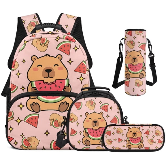Bulopur Girls 17 Inch Backpack Set 4 Piece Pink Capybara Print School Bookbag with Lunch Box, Water Bottle Holder and Pencil Case for Toddler Girls