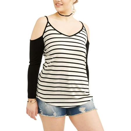 Poof! Juniors' Plus OPP Stripe Cold Shoulder Tee