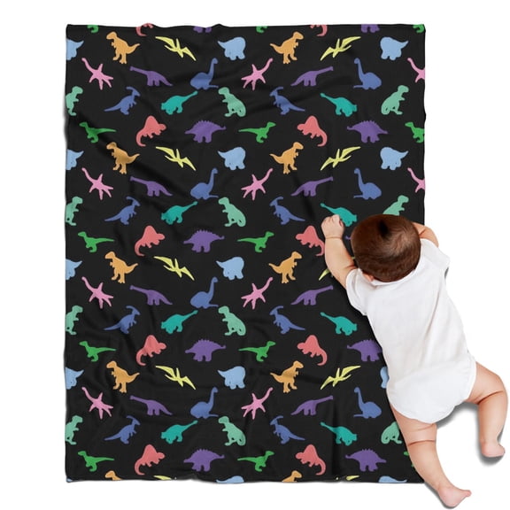 Black Colorful Dinosaurs Silhouettes Pattern Blanket,Comfortable Soft Flannel Throw Blanket,All Season,Warm Lightweight Blankets for Sofa Bed Couch Living Room Chair,30"x40"