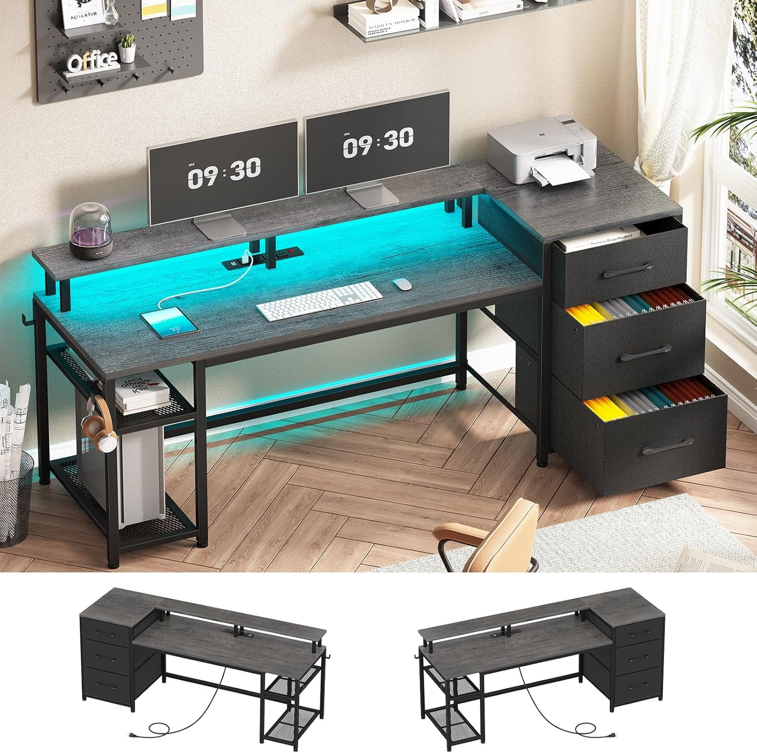 59" Office Desk with Drawers, Reversible Computer Desk with File Drawers & Storage, Gaming Desk with LED Lights & Power Outlet, Home Office Desks for Printer, Grey
