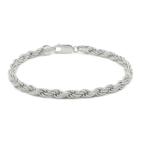 925 Italian Sterling Silver 5mm Solid Rope Diamond Cut Bracelet, FREE Microfiber Cloth, Rhodium Link Chain, Giorgio Bergamo