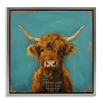Stupell Industries Highland Cow on Blue Animals Painting Gray Floater Framed Canvas Art Print Wall Art, 18 x 18
