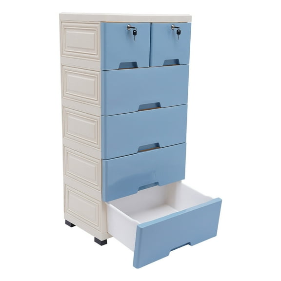 Kid Dresser, Plastic Drawers Dresser with 6 Drawers Storage Cabinet  with Lock Dresser Organizer on 4 Wheels Tall Dresser Organizer for Clothes,Playroom,Kids Bedroom Furniture Blue