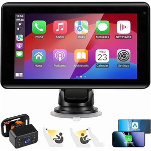 7 Wireless CarPlay Screen with Baby Car Camera- Apple CarPlay & Android Auto 1080P IR Night Vision HD Touchscreen with Split Display Plug-and-Play