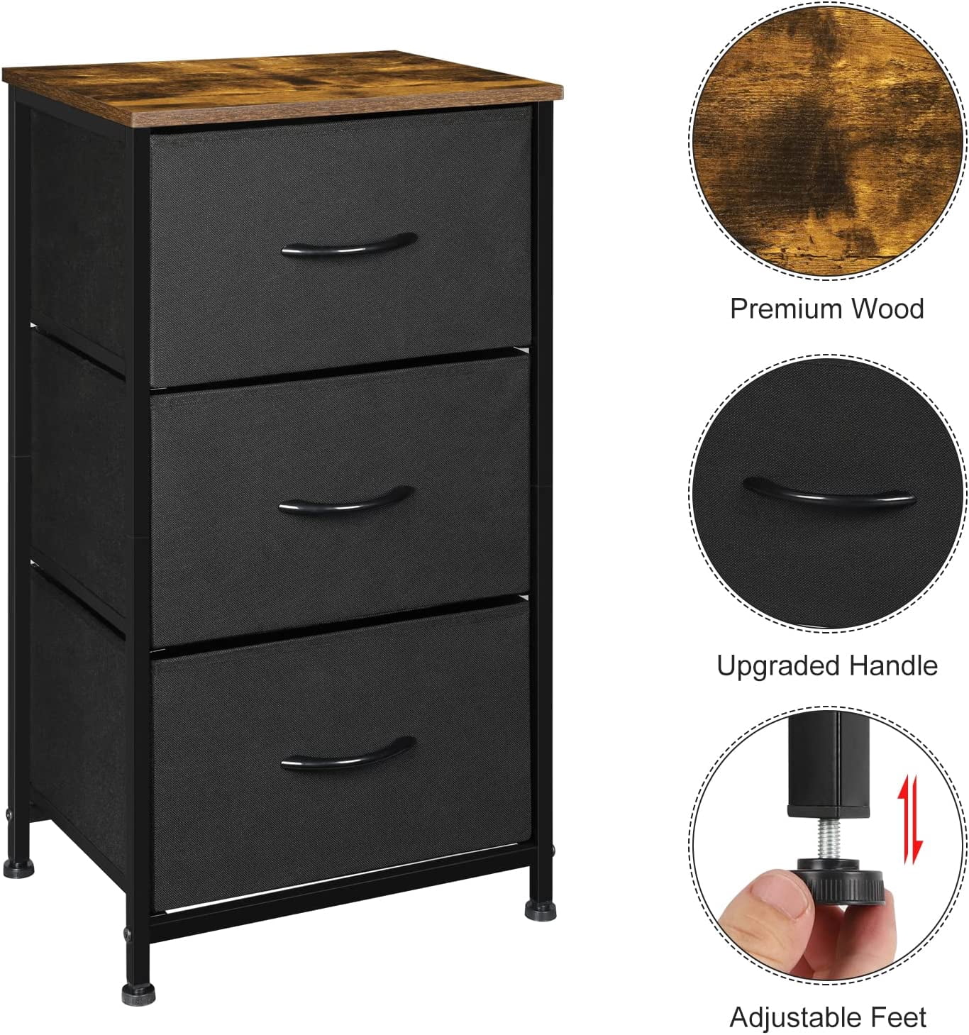 Small Nightstand Dresser, 3 Drawer Fabric Storage Bins Organizer, Black