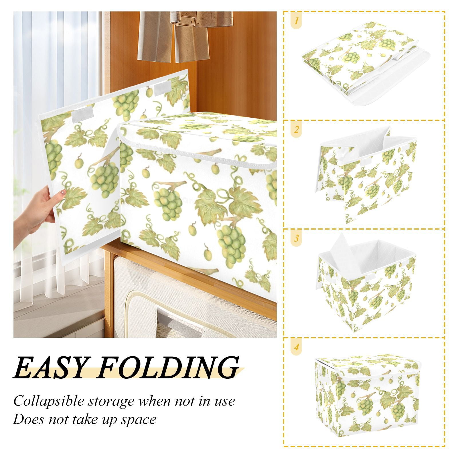 Green grapes leaf pattern background Large Toy Box Chest Storage with Flip-Top Lid, Collapsible Storage Boxes Container Bins for Toys, Playroom Organizers