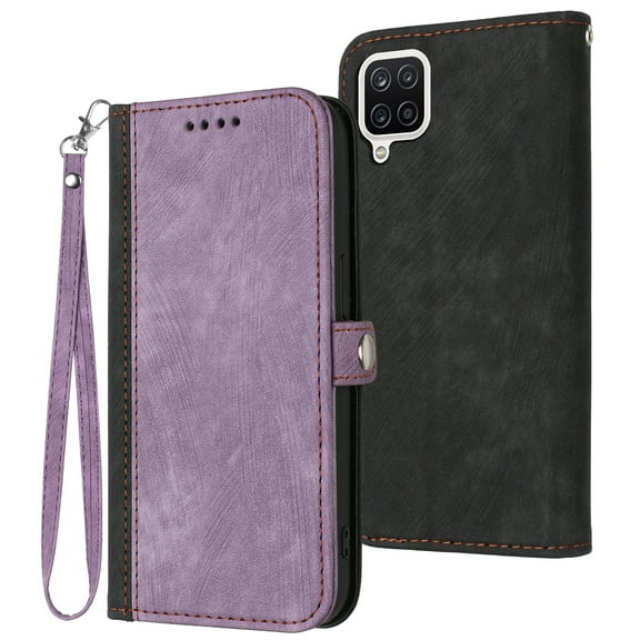 ELEHOLD for Samsung Galaxy A12 Wallet Case with Detachable Wrist Strap Handbag, Luxury PU Leather Flip Soft TPU Built-in Magnetic Card Slots Kickstand Function Shockproof Protective Cover Case,Purple