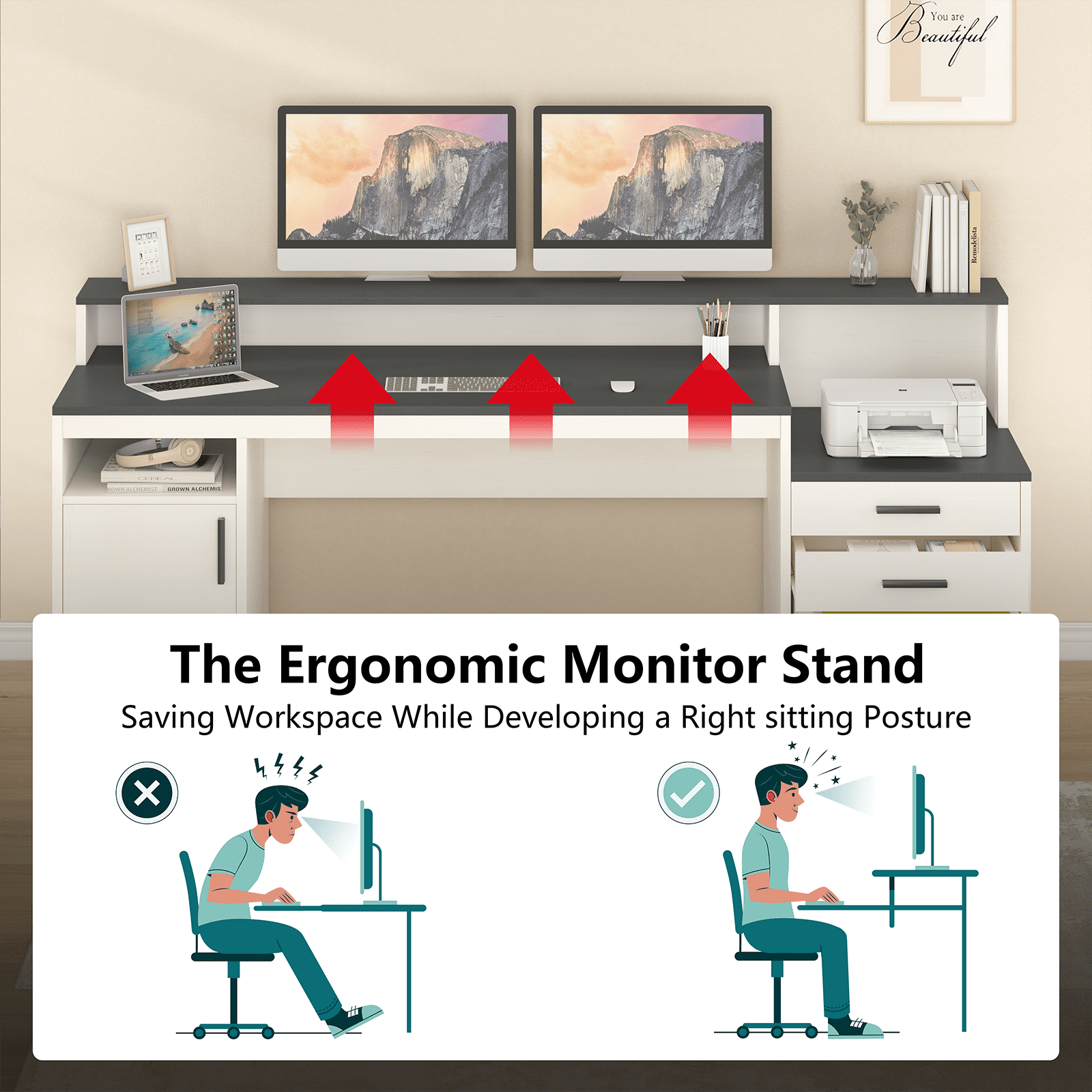 65 Inch Computer Desk with 3 Drawers & Storage Shelves, Executive Desk with File Drawer & Cabinet, Home Office Desk with Long Monitor Stand & Printer Shelf, Black & White