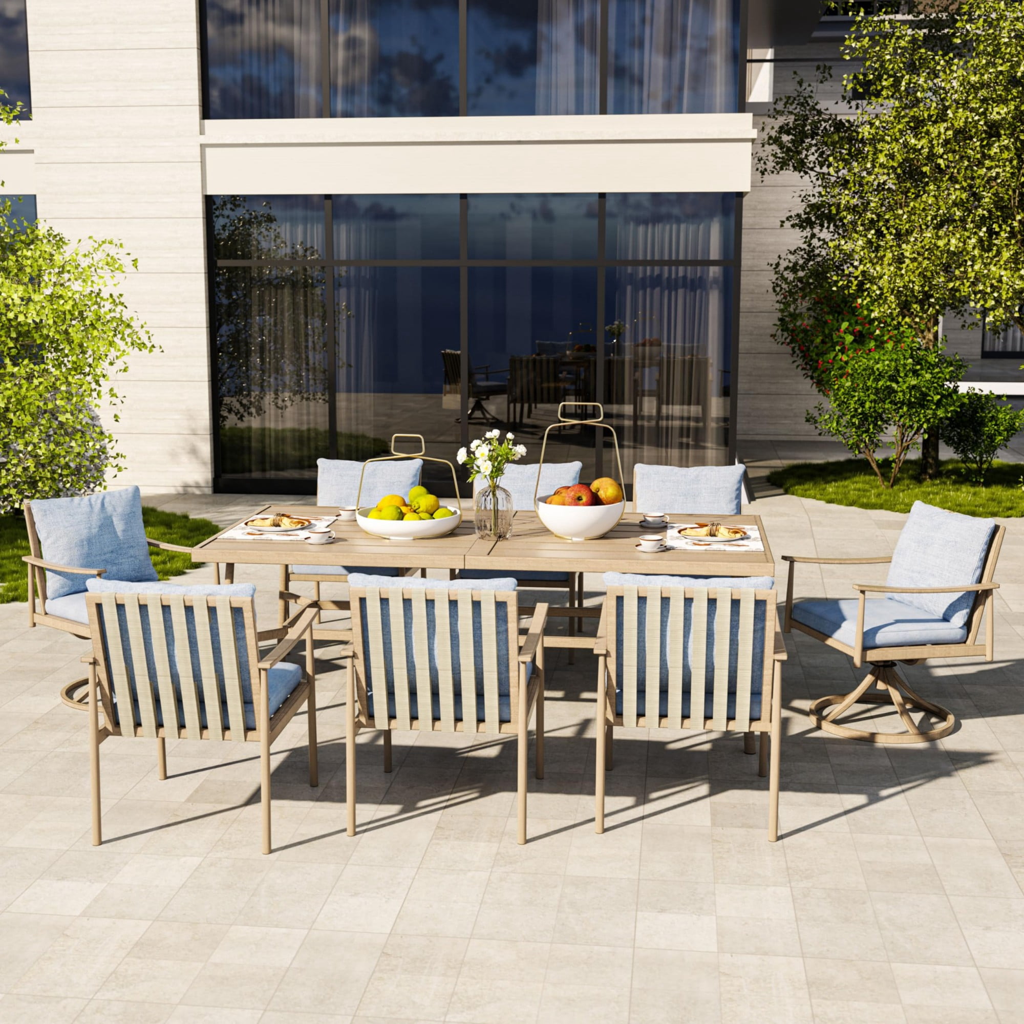 Patio Dining Table for 8, 84 Inch Outdoor Aluminum Table with Umbrella Hole, All Weather Rectangle Patio Table for Backyard Garden Poolside Deck, Brown