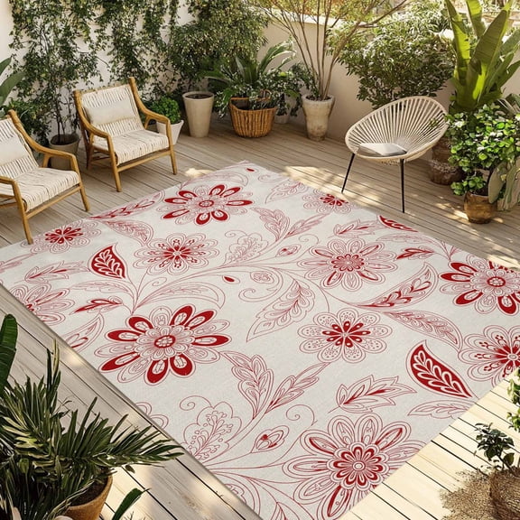 Red Paisley Pattern Outdoor Area Rug 3x5ft Decorative Indoor Outdoor Rug Boho Tribal Vintage Flowers Patio Area Rug for Porch, Deck, Balcony, Entryway, Camping & RV