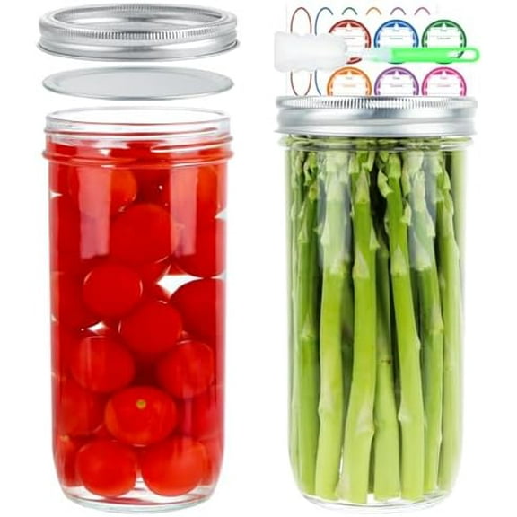 2 Pack 24 oz (720ml) Wide Mouth Mason Jars – Airtight Lids   Labels/Brush, Clear Canning Jars for Fermenting, Pickling & DIY Projects