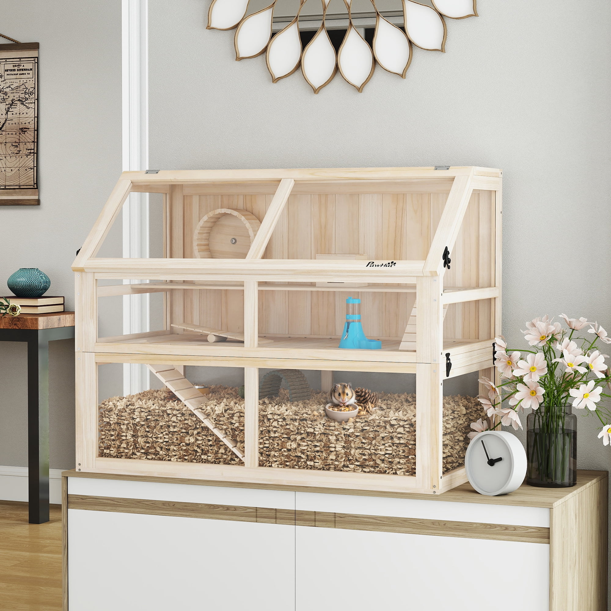 PawHut Wooden Hamster Cage, 3 Tier Small Animal Cage with Detachable 12.4" Deep Bottom, Hut, Seesaw, Exercise Wheel, Ramps, for Dwarf, Gerbil, Mouse