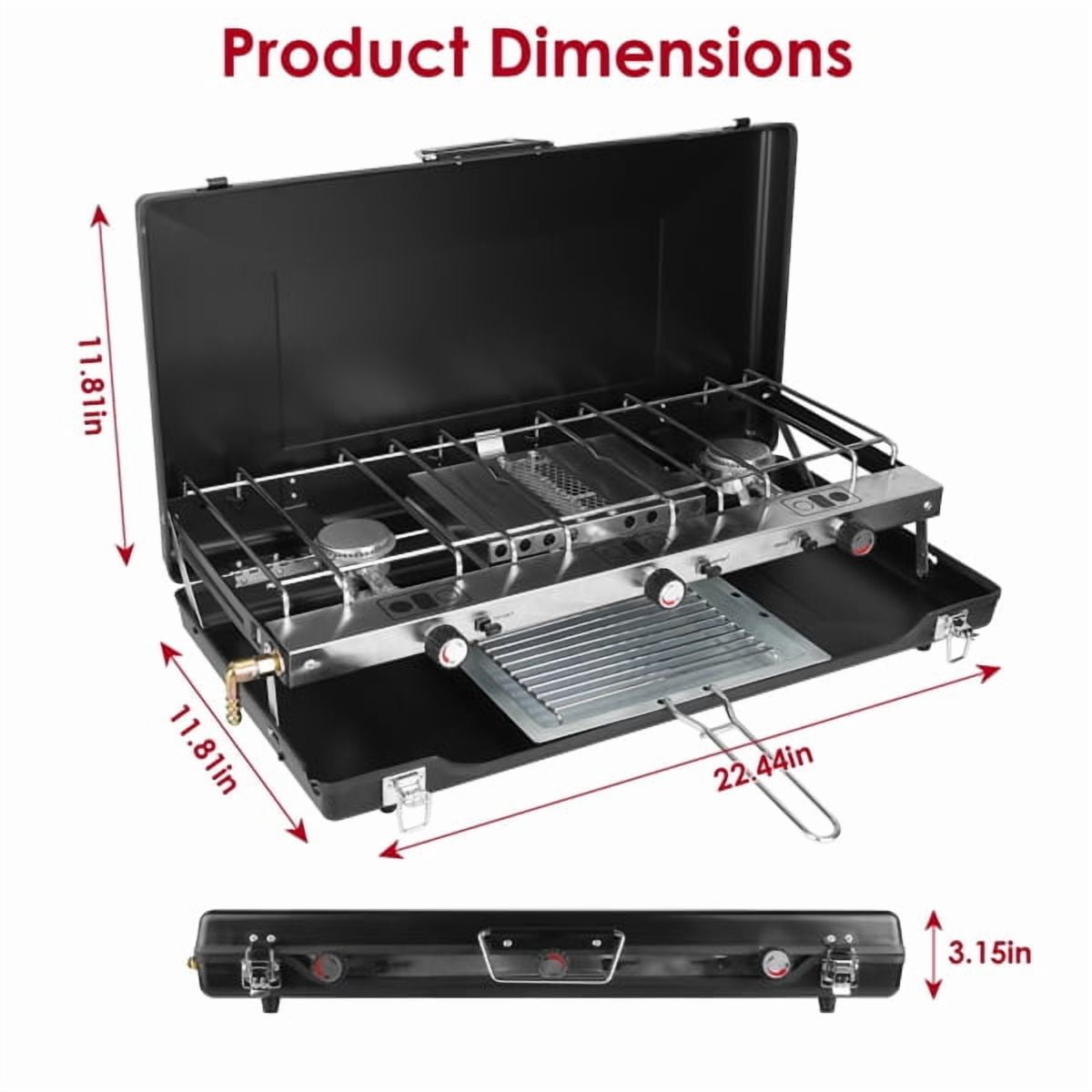 3-Burner Propane Camping Stove 20000 BTUs, Portable Camp Stove with 3 Adjustable Burners and Push-Button Instant Ignition, Portable Camping Grill, Built-in Carrying Handle