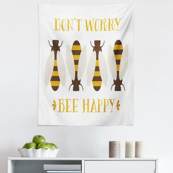 Honey Bee Tapestry, Don't Worry Bee Happy Humorous Calligraphy and Insects, Fabric Wall Hanging Decor for Bedroom Living Room Dorm, 5 Sizes, Earth Yellow Brown, by Ambesonne