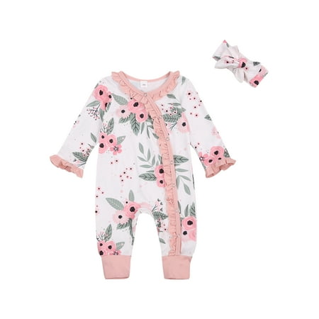 

TheFound Newborn Baby Girl Ruffle Floral Romper Buttoned Collar Long Sleeve Playsuit One Piece Pajamas