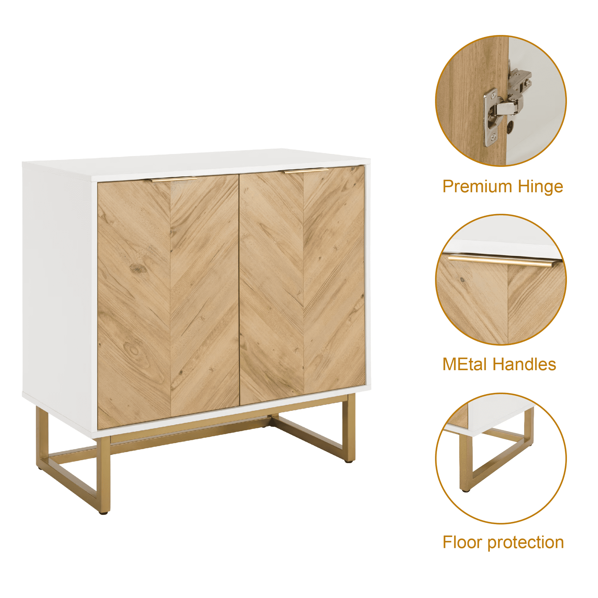 White & Gold Storage Cabinet, Modern Buffet Sideboard with 2 Doors