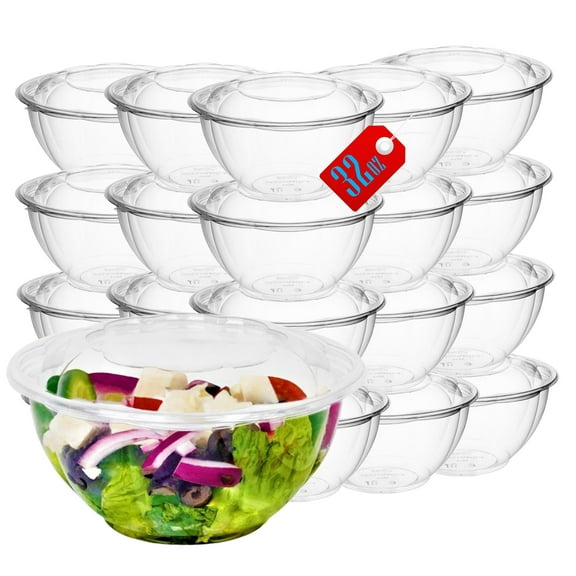 Mr Miracle Clear 32 Ounce Plastic Salad Bowls with Snap-On Lids. Pack 50. Airtight Disposable Salad Containers for Lunch, Meal Prep, Parties. Ideal as Disposable Salad Bowls with Lids