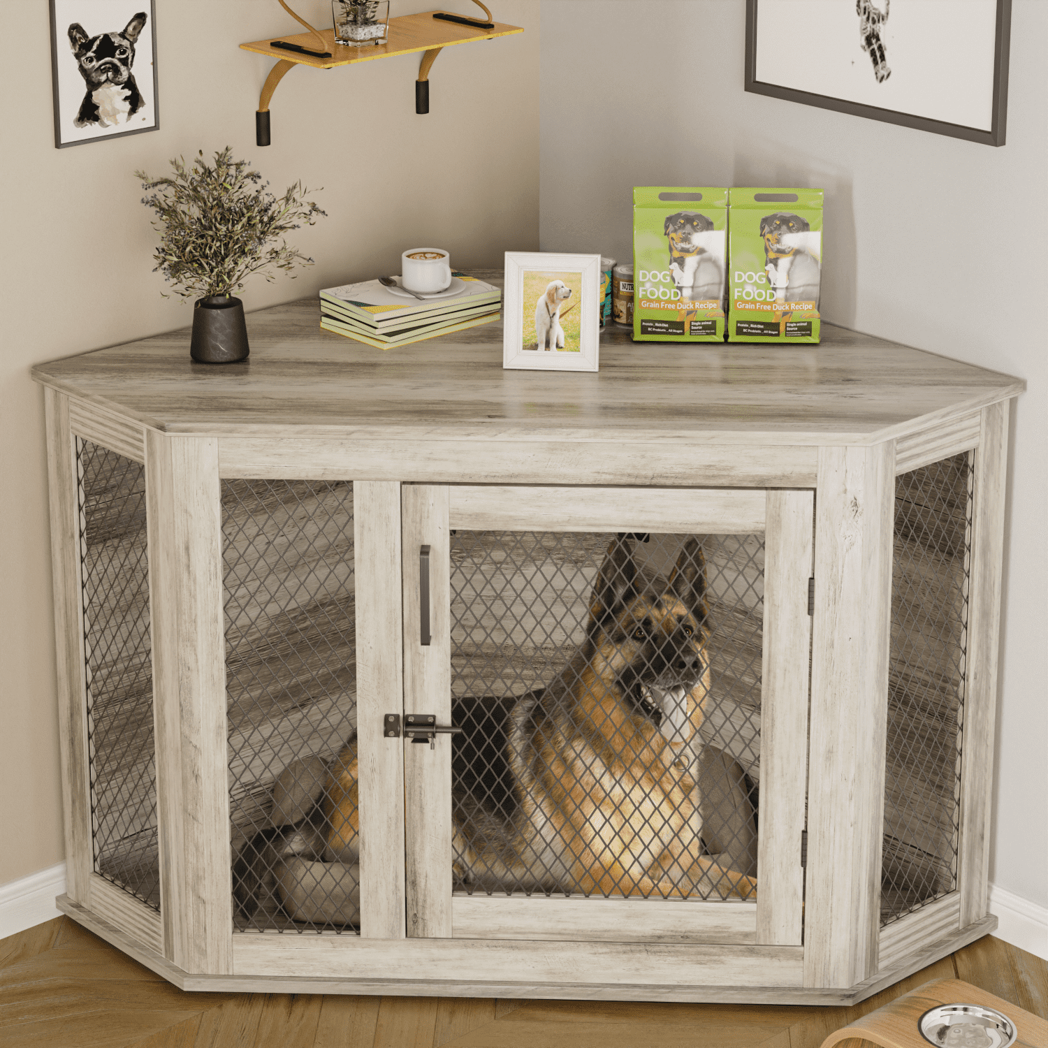 Bossin 52"Corner Dog Crate Furniture，Wooden Dog Kennel Indoor Furniture，Decorative Dog Crate, Dog Kennel TV Stand End Table for Small to Large Dogs
