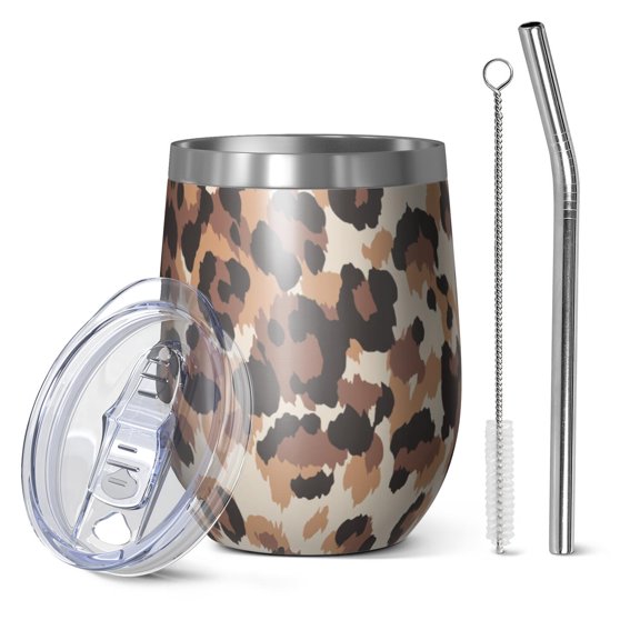 12oz Stemless Wine Tumblers Beige and Brown Leopard Pattern Vacuum Insulated Stainless Steel Travel Tumbler Cups Mug with Lid and Straw for Champaign,Cocktail,Beer with Cleaning Brush