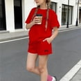 thumbnail image 2 of oqasdz Toddler Children Girls Summer Outfits Bow Print Short Sleeve Loose Fit Workout Set T Shirts and Shorts for Gym Running Casual Sporty Clothing Sets,Red,9-10 Years, 2 of 7