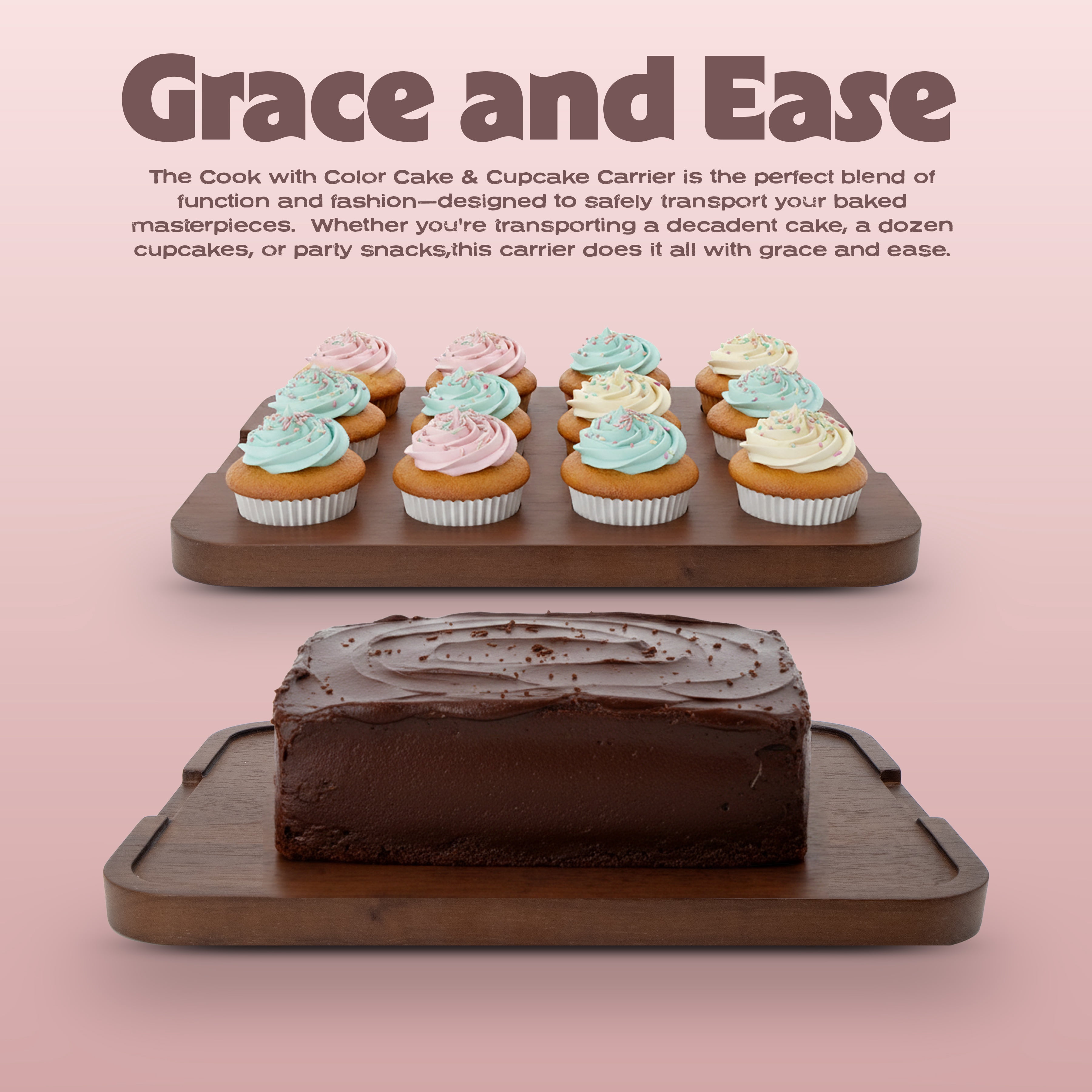 Cook with Color 12-Cupcake Reversible Dark Walnut Wood Rectangular Cake Carrier with Clear Locking Lid