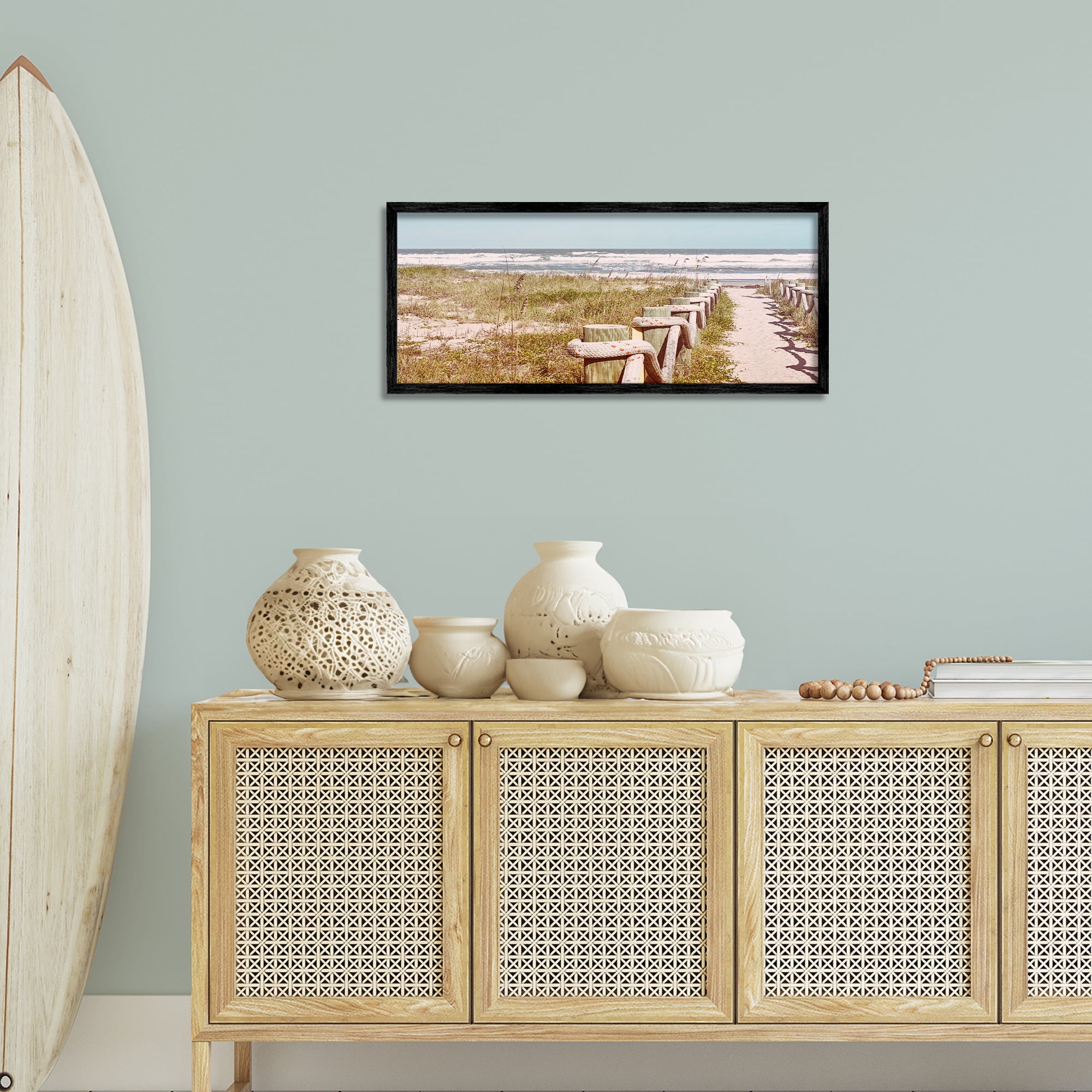 Stupell Industries Eastern Beach Walkway Landscape Photography Black Framed Art Print Wall Art, 30 x 13