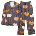 thumbnail image 3 of QIUOMBBP Women's Halloween Pajamas 2 Piece Sets Cute Pumpkin Print Long Sleeve Button Up Shirt and Wide Leg Pants Pjs Outfits Loungewear, Purple, XXXL, 3 of 6
