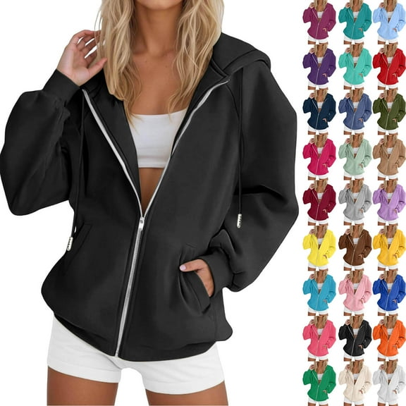 Horkkom Zip Up Hoodie Women Fall Hoodies with Pockets Drawstring Casual Solid Color Zip Up Sweatshirt L, Gifts for Women