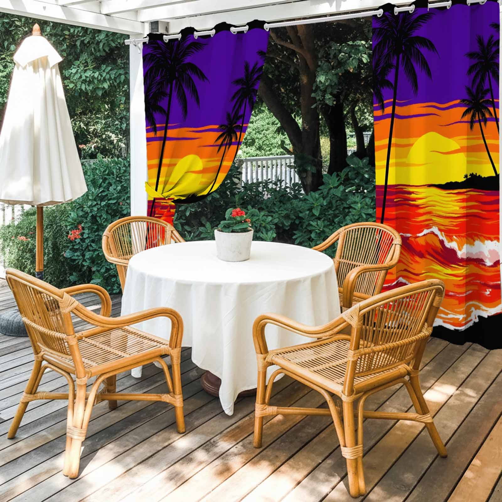 Sunset Beach Outdoor Curtains for Patio, Boho Tropical Palms Coastal Orange Evening Glow Sunshade Privacy Drapes Grommet Waterproof Outside Curtains for Porch/Cabana/Balcony 54"x 108", 1 Panel