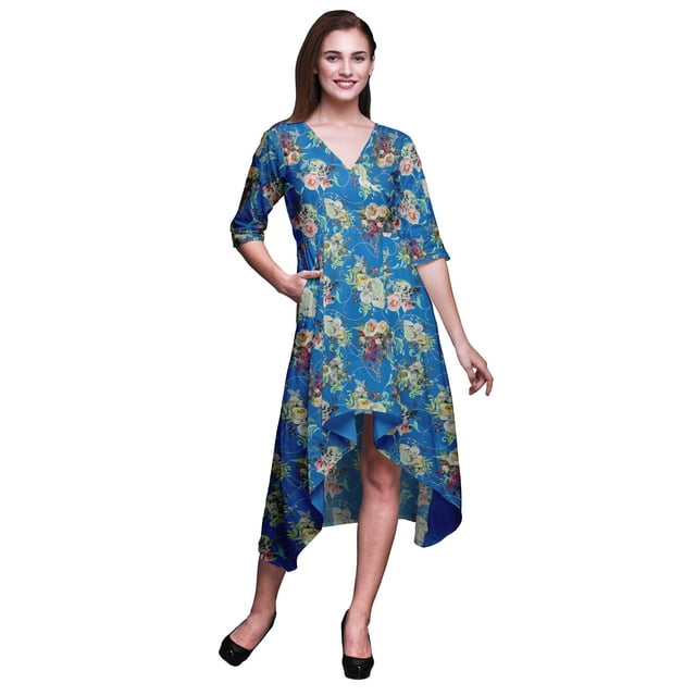 Bimba Robe Droite Asymétrique en Coton à Poches pour Femmes, Feuilles Bleues et Renoncules Florales, Été, Fête, Mi-Longue - Moyen
