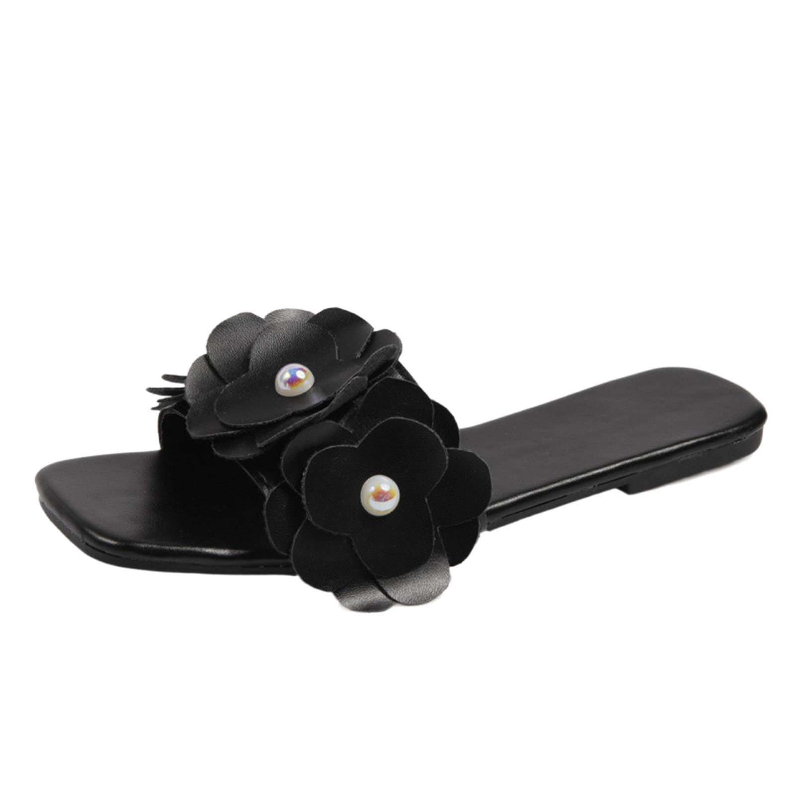 uikmnh Women Slippers Spring And Summer Flower Women Sandals And Slippers  Beach Shoes Pearl Slippers Black 8 