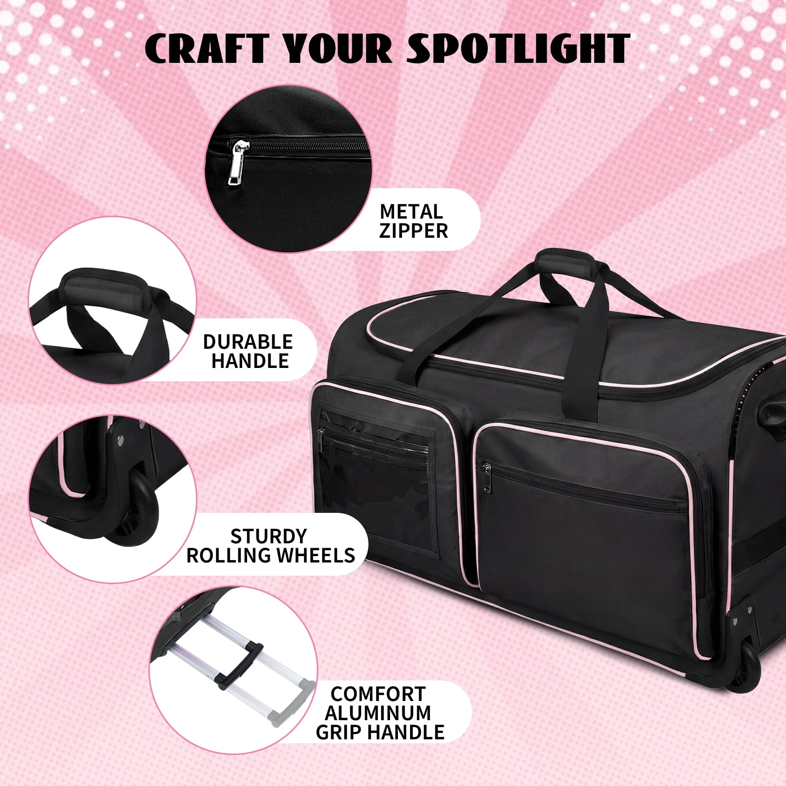 Fegat New Upgraded Dance Bag with Garment Rack,23" Lightweight Rolling Dance Duffel Bag Stable System Wheeled Costume Dance Bag for Dancers Shows Livestreamer Athletes