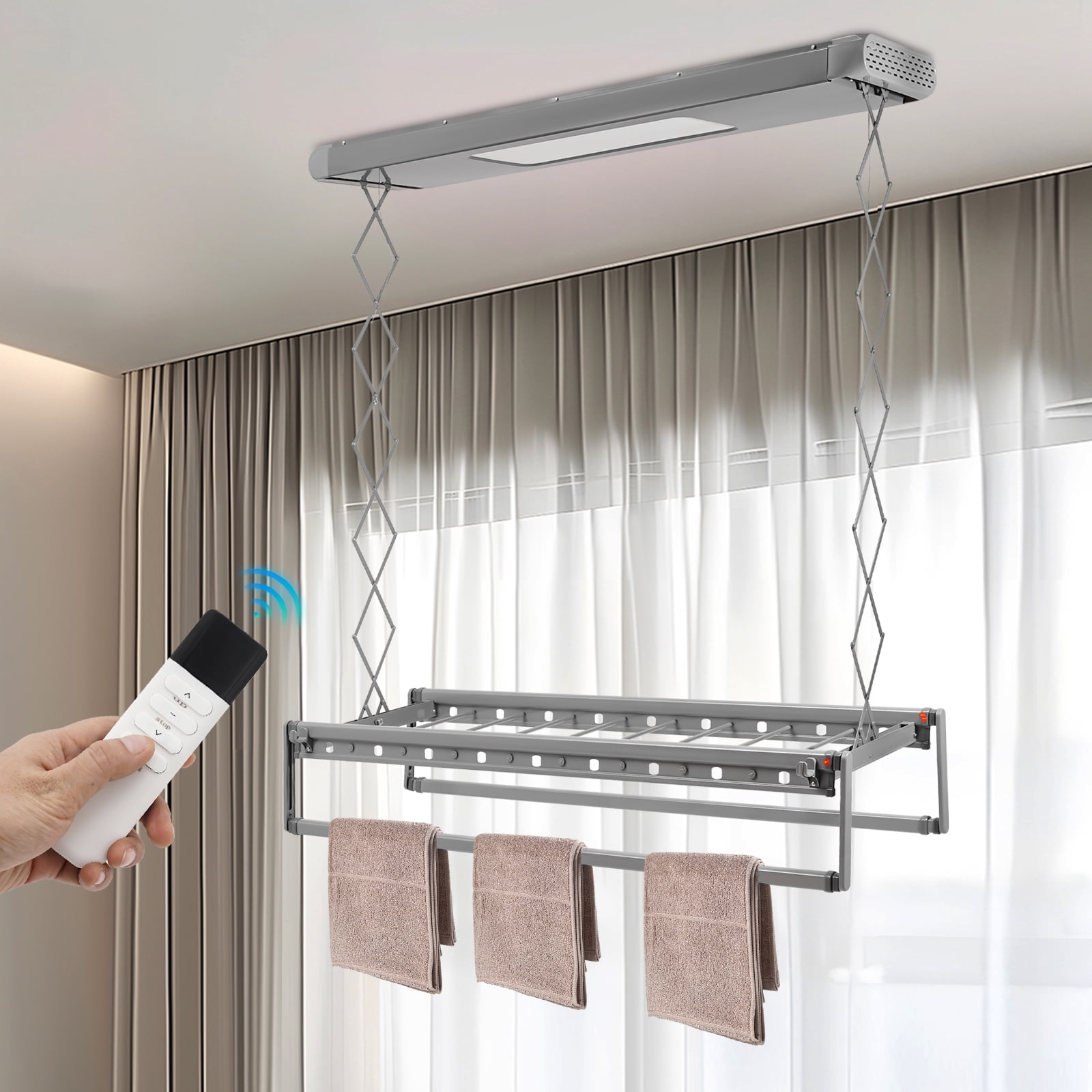 1 PCS Gray Electrical Airing Rack, Airing Rack with Remote Control, Electrical Airing Rack with Light, Overall Load-bearing Capacity: 35kg/77.16 lbs, 110V