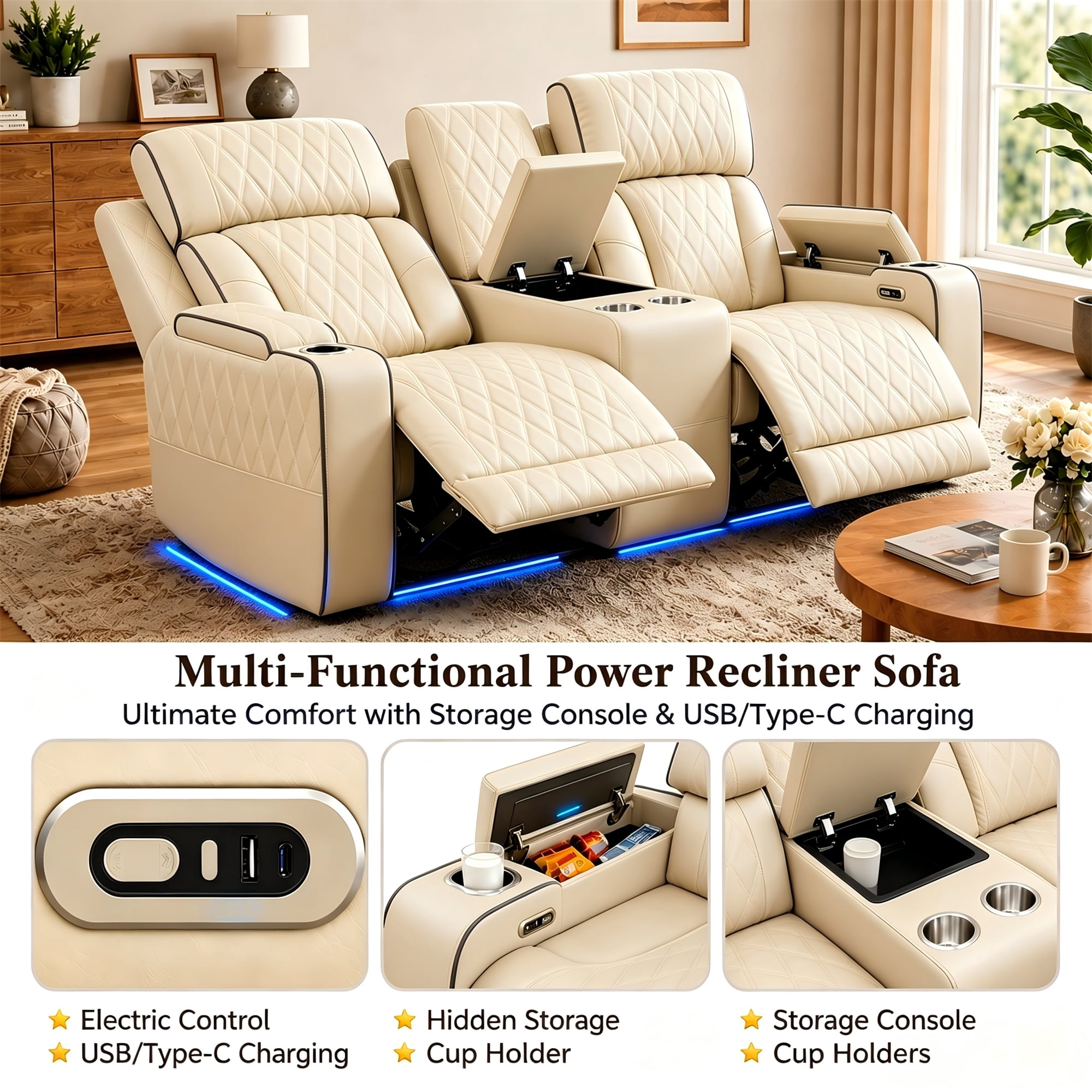 Aukfa Power Recliner Loveseat RV Sofa with USB, Cup Holders & LED Lighting, Storage Console, Home Theater Seating for Living Room, PU Leather, Beige