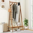 thumbnail image 3 of Hyxoo Bamboo Clothing Rack, 65.5” Clothes Rack with Top Hanging Rod, Rattan Shelf & 5 Copper Hooks, Large Garment Rack, Cloth Hanger Standing Organizer for Coats, Bags & Shoes (Brown), 3 of 9