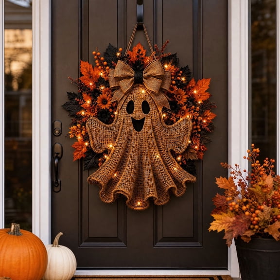 Halloween Ghost Fall Wreath, Ready to Hang Front Door Decor, Pre-Decorated Autumn Garland , 15.75x15.75 Inch Rustic Farmhouse Ornament