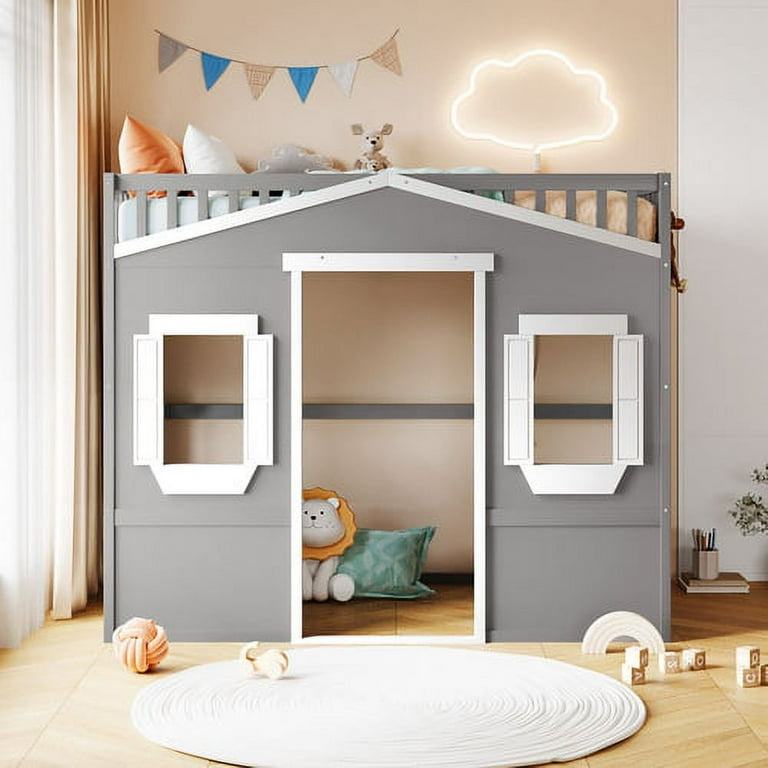 Twin Size House Loft Bed Wooden Loft Bed Frame with Safety Full length Guardrails and Built in Ladder Fun Playhouse Bed with Window and Wall for Kids Boys Girls Teens Gray White Walmart