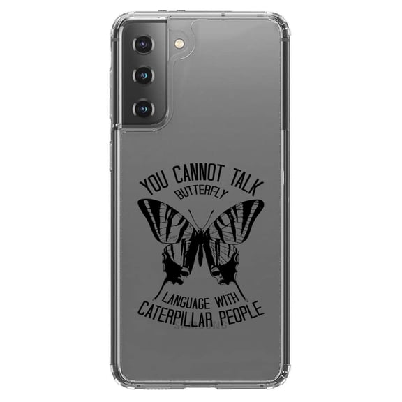 DistinctInk Clear Shockproof Hybrid Case for Galaxy S21 5G (6.2" Screen) - TPU Bumper Acrylic Back Tempered Glass Screen Protector - Can't Talk Butterfly with Caterpillar People