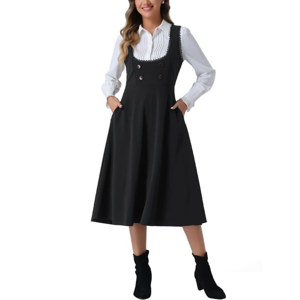 Vestido Pinafore Vintage INSPIRE CHIC para mujer con encaje, tirantes y botones, vestido midi con bolsillos XL negro