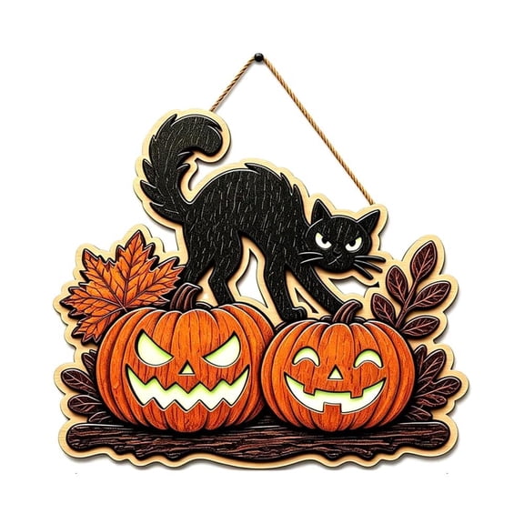 IFRINID Halloween Wooden Hanging Sign, Lighted Black Cat Pumpkin Door Decor for Front Door Porch and Wall Decoration