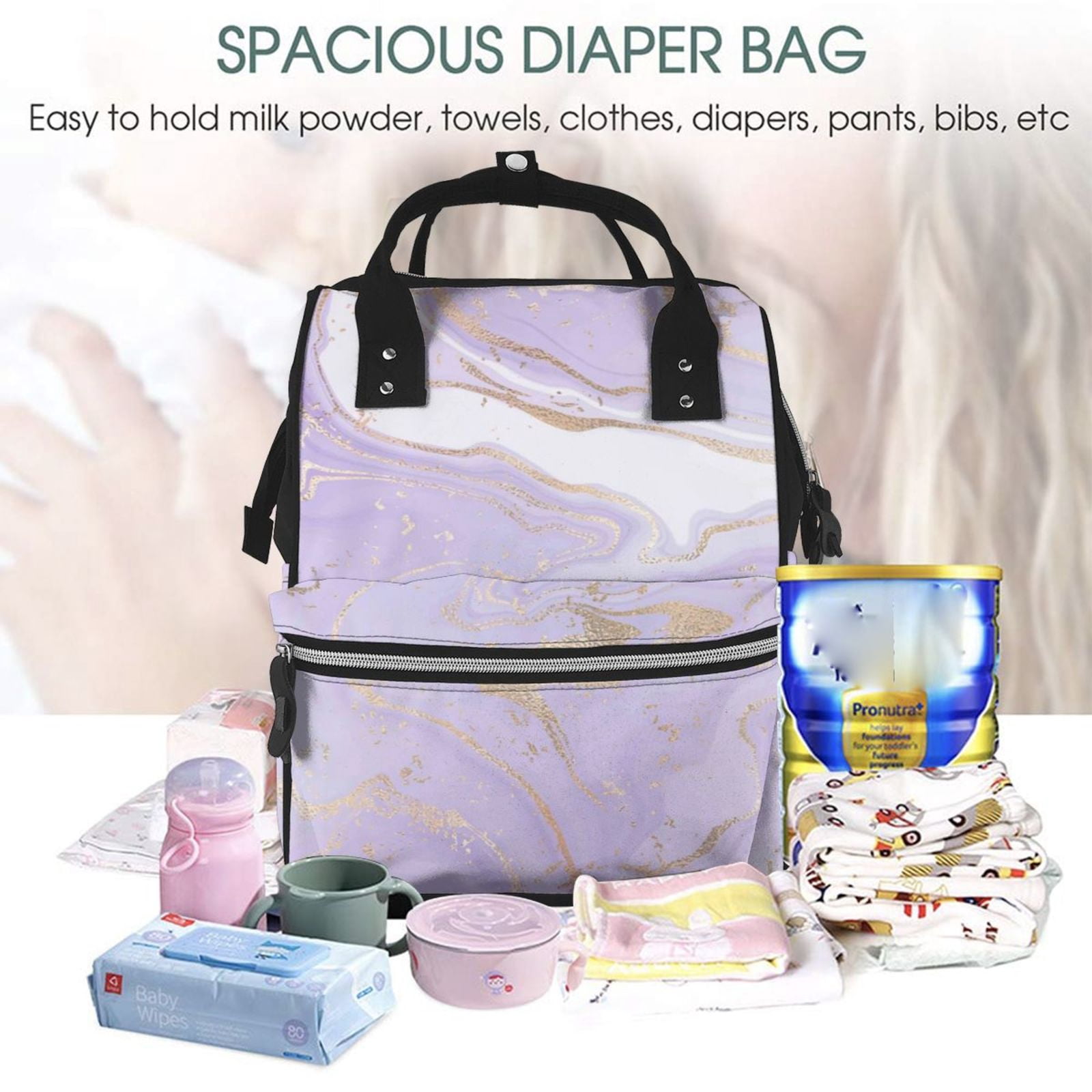 Ratiio Lavender Glitter Foil Stripes Mummy Backpack - Waterproof Twill Canvas, Large Capacity Diaper Bag with Multiple Pockets and Adjustable Straps