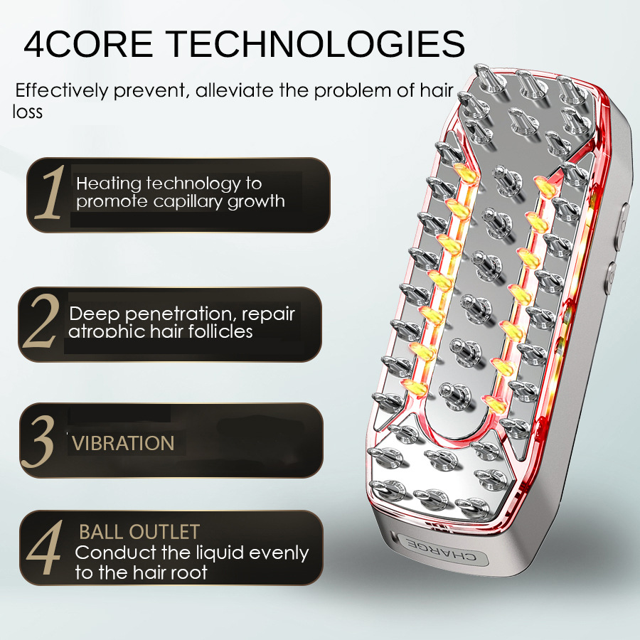 4-in-1 Scalp Care Comb with Red Light & High-Frequency Massage, Serum Applicator Brush for Soothing Scalp Relaxation and Hair Tonic Application